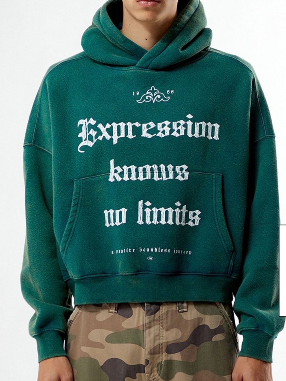 PacSun Green Graphic Cropped Hoodie Soft Washed worn Look, Size Large